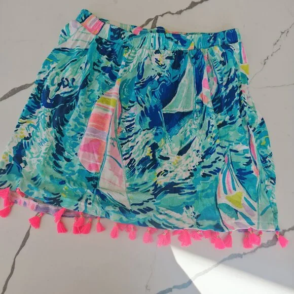 Lilly Pulitzer Style Tropical Tassel Skirt XS – Turquoise Pink Print Resort Beac - Picture 7 of 8